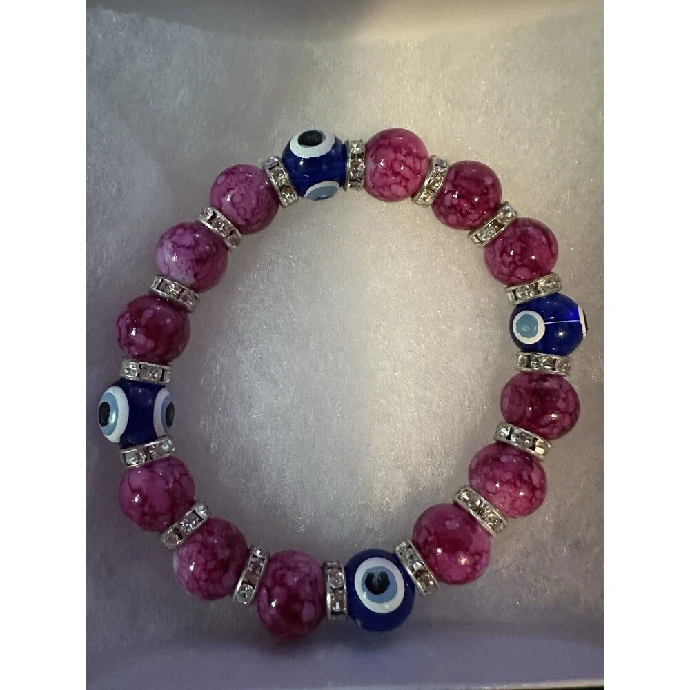 Evil Eye Bracelet Stack Set Blue Pink Clear Stretch Bracelets From Greece New